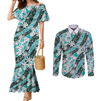 Cyan Tahiti Tiare Monstera Couples Matching Mermaid Dress and Long Sleeve Button Shirt Polynesian Pattern Curve Style - Polynesian Pride
