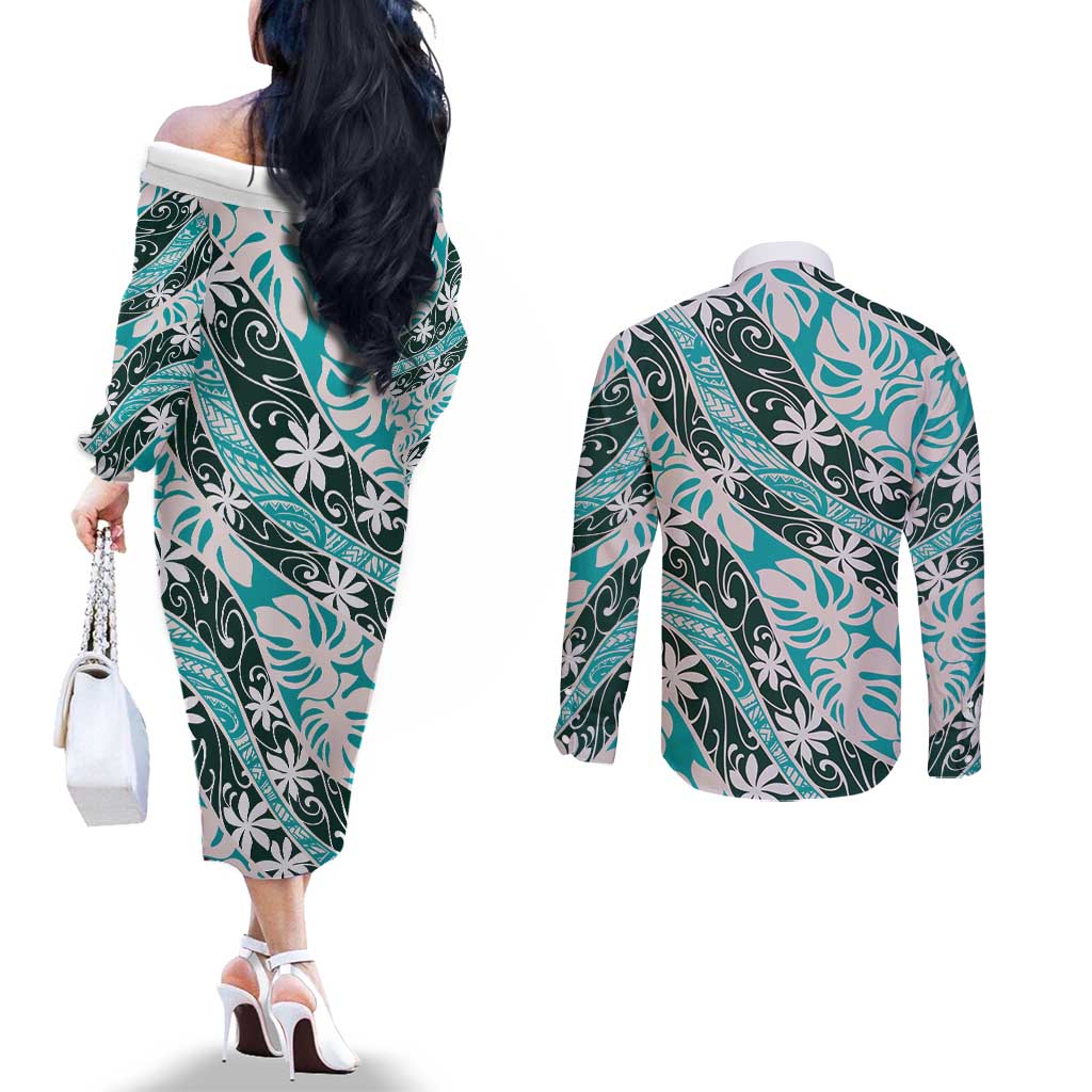 Cyan Tahiti Tiare Monstera Couples Matching Off The Shoulder Long Sleeve Dress and Long Sleeve Button Shirt Polynesian Pattern Curve Style - Polynesian Pride