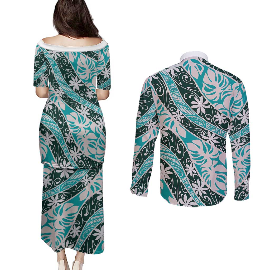 Cyan Tahiti Tiare Monstera Couples Matching Puletasi and Long Sleeve Button Shirt Polynesian Pattern Curve Style - Polynesian Pride