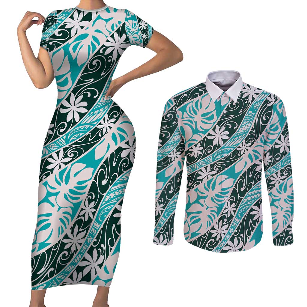 Cyan Tahiti Tiare Monstera Couples Matching Short Sleeve Bodycon Dress and Long Sleeve Button Shirt Polynesian Pattern Curve Style - Polynesian Pride