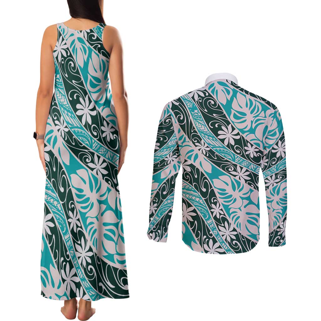 Cyan Tahiti Tiare Monstera Couples Matching Tank Maxi Dress and Long Sleeve Button Shirt Polynesian Pattern Curve Style - Polynesian Pride