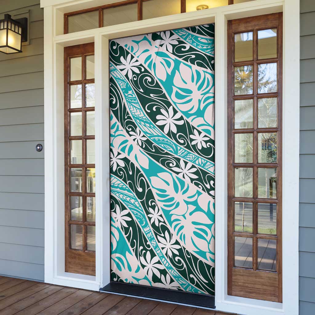 Cyan Tahiti Tiare Monstera Door Cover Polynesian Pattern Curve Style - Polynesian Pride