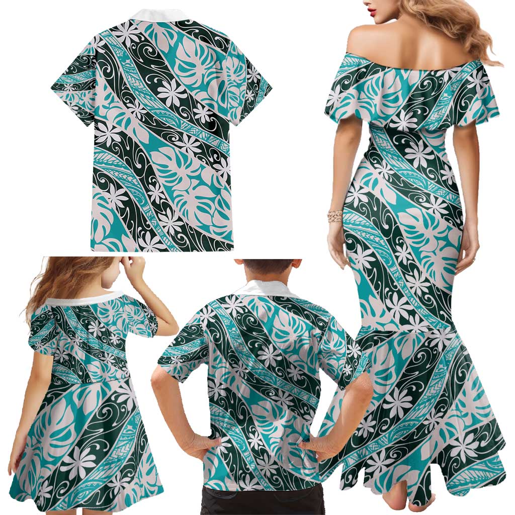 Cyan Tahiti Tiare Monstera Family Matching Mermaid Dress and Hawaiian Shirt Polynesian Pattern Curve Style - Polynesian Pride