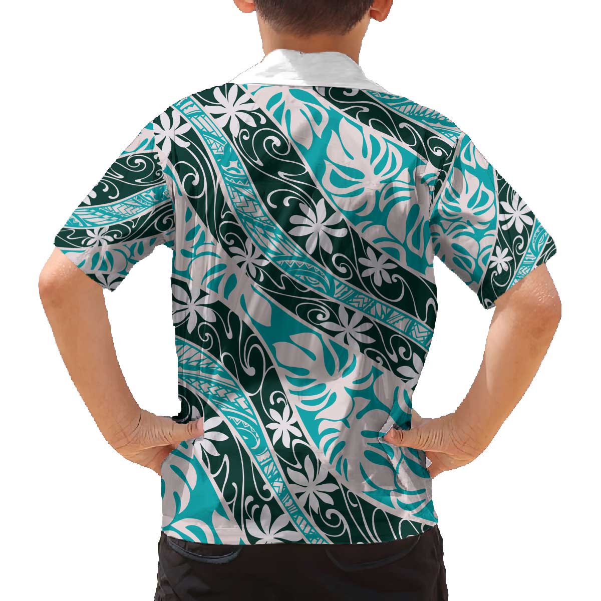 Cyan Tahiti Tiare Monstera Family Matching Off The Shoulder Long Sleeve Dress and Hawaiian Shirt Polynesian Pattern Curve Style - Polynesian Pride