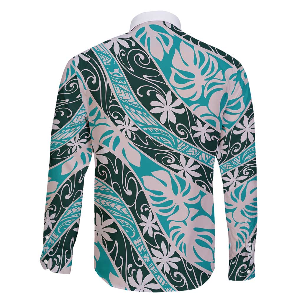 Cyan Tahiti Tiare Monstera Family Matching Off Shoulder Short Dress and Hawaiian Shirt Polynesian Pattern Curve Style - Polynesian Pride