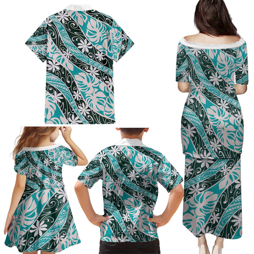 Cyan Tahiti Tiare Monstera Family Matching Puletasi and Hawaiian Shirt Polynesian Pattern Curve Style - Polynesian Pride