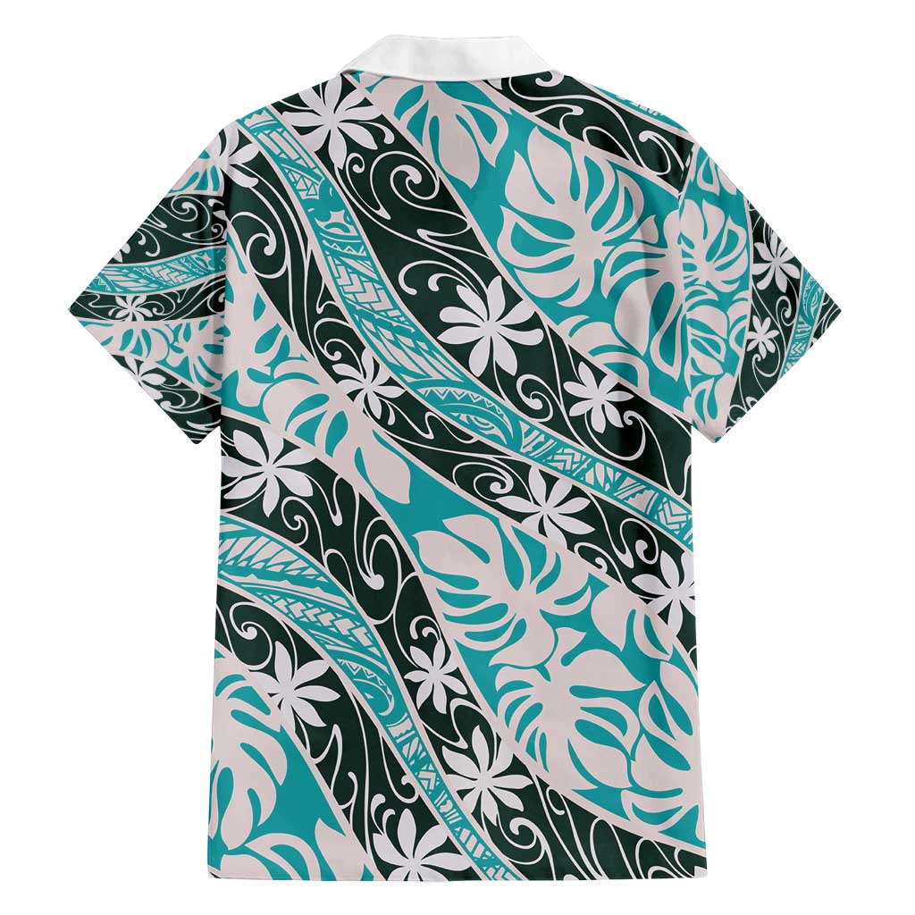 Cyan Tahiti Tiare Monstera Family Matching Puletasi and Hawaiian Shirt Polynesian Pattern Curve Style - Polynesian Pride