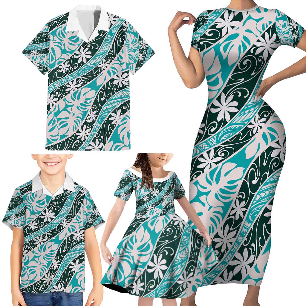 Cyan Tahiti Tiare Monstera Family Matching Short Sleeve Bodycon Dress and Hawaiian Shirt Polynesian Pattern Curve Style - Polynesian Pride