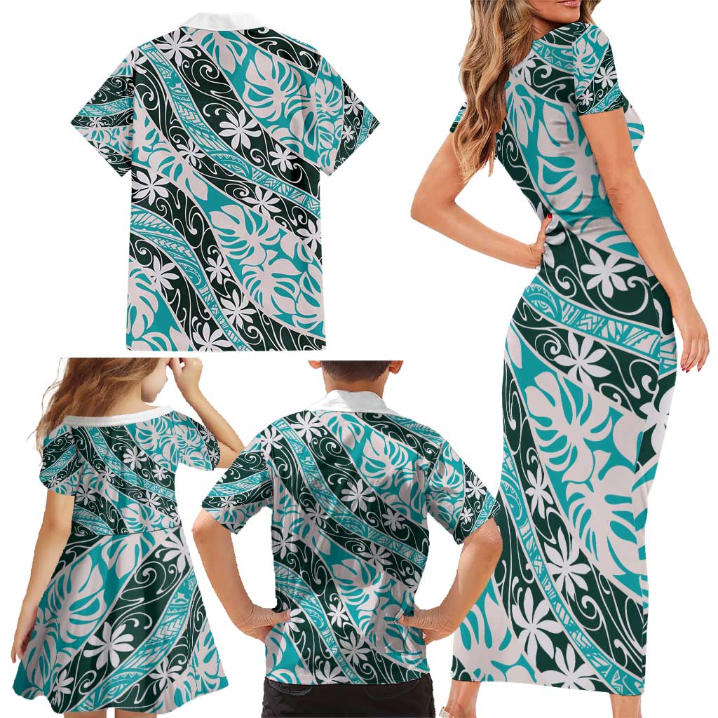 Cyan Tahiti Tiare Monstera Family Matching Short Sleeve Bodycon Dress and Hawaiian Shirt Polynesian Pattern Curve Style - Polynesian Pride