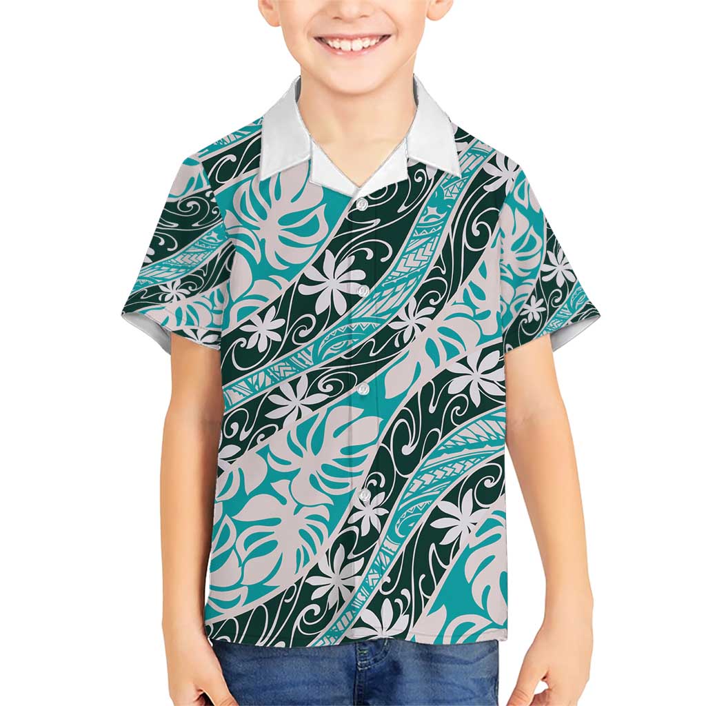Cyan Tahiti Tiare Monstera Family Matching Short Sleeve Bodycon Dress and Hawaiian Shirt Polynesian Pattern Curve Style - Polynesian Pride