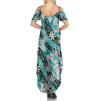 Cyan Tahiti Tiare Monstera Family Matching Summer Maxi Dress and Hawaiian Shirt Polynesian Pattern Curve Style - Polynesian Pride