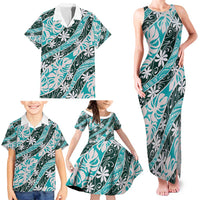 Cyan Tahiti Tiare Monstera Family Matching Tank Maxi Dress and Hawaiian Shirt Polynesian Pattern Curve Style - Polynesian Pride