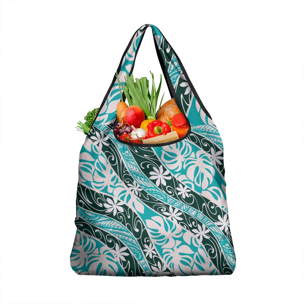 Cyan Tahiti Tiare Monstera Grocery Bag Polynesian Pattern Curve Style - Polynesian Pride