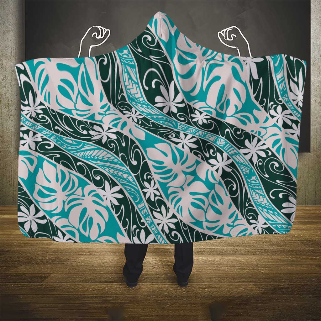Cyan Tahiti Tiare Monstera Hooded Blanket Polynesian Pattern Curve Style - Polynesian Pride