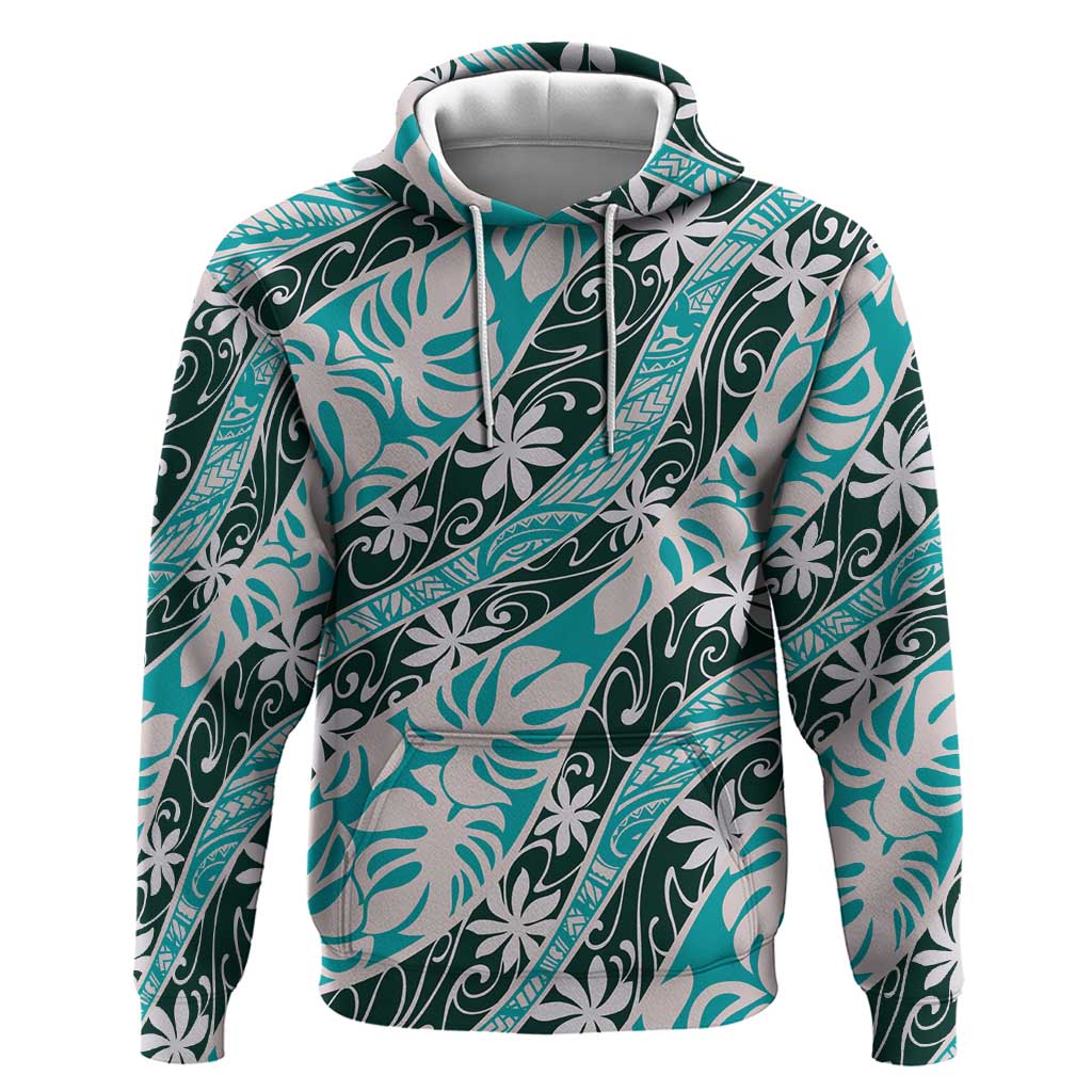 Cyan Tahiti Tiare Monstera Hoodie Polynesian Pattern Curve Style - Polynesian Pride