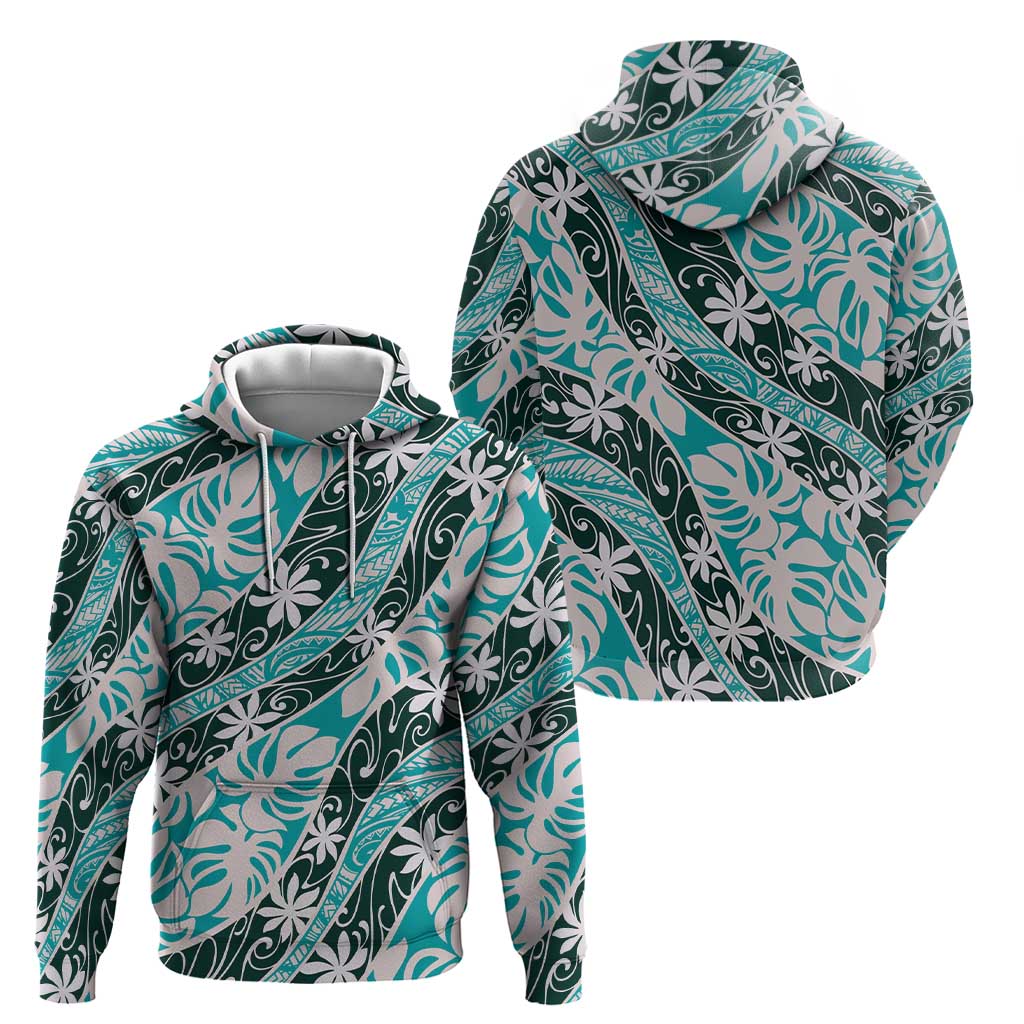 Cyan Tahiti Tiare Monstera Hoodie Polynesian Pattern Curve Style - Polynesian Pride