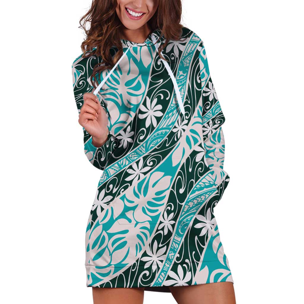 Cyan Tahiti Tiare Monstera Hoodie Dress Polynesian Pattern Curve Style - Polynesian Pride