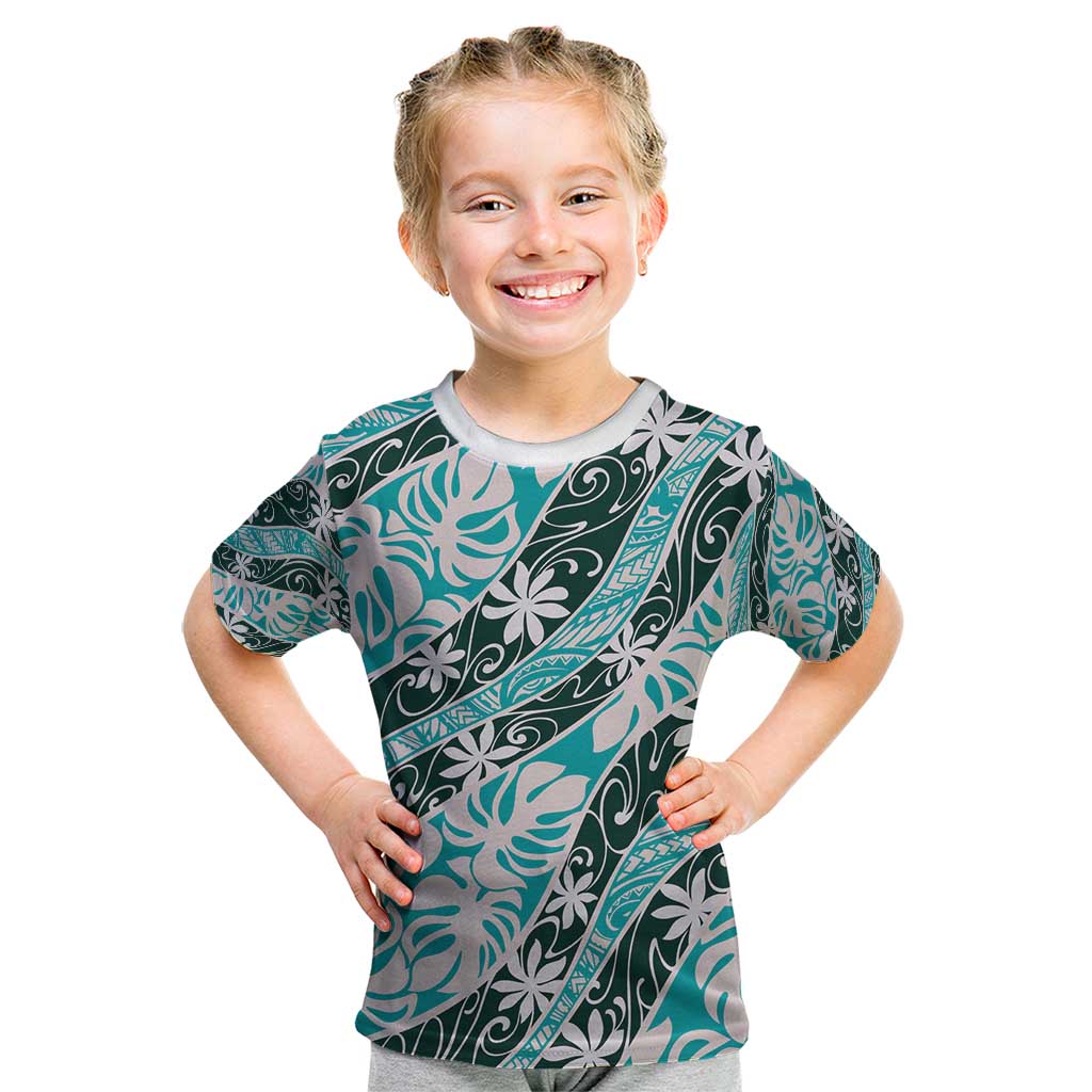 Cyan Tahiti Tiare Monstera Kid T Shirt Polynesian Pattern Curve Style - Polynesian Pride