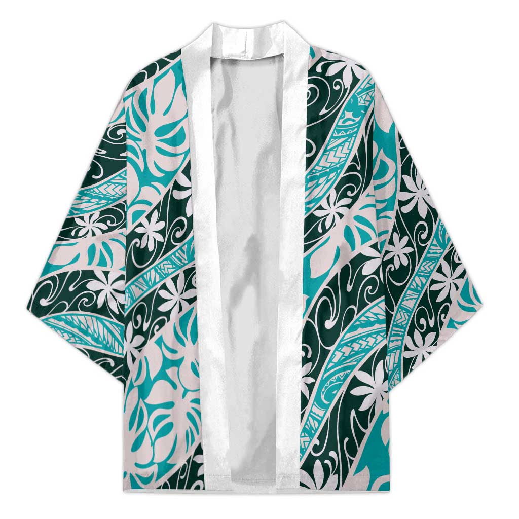 Cyan Tahiti Tiare Monstera Kimono Polynesian Pattern Curve Style - Polynesian Pride