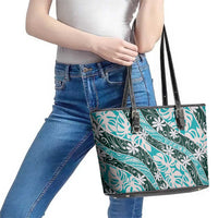 Cyan Tahiti Tiare Monstera Leather Tote Bag Polynesian Pattern Curve Style - Polynesian Pride
