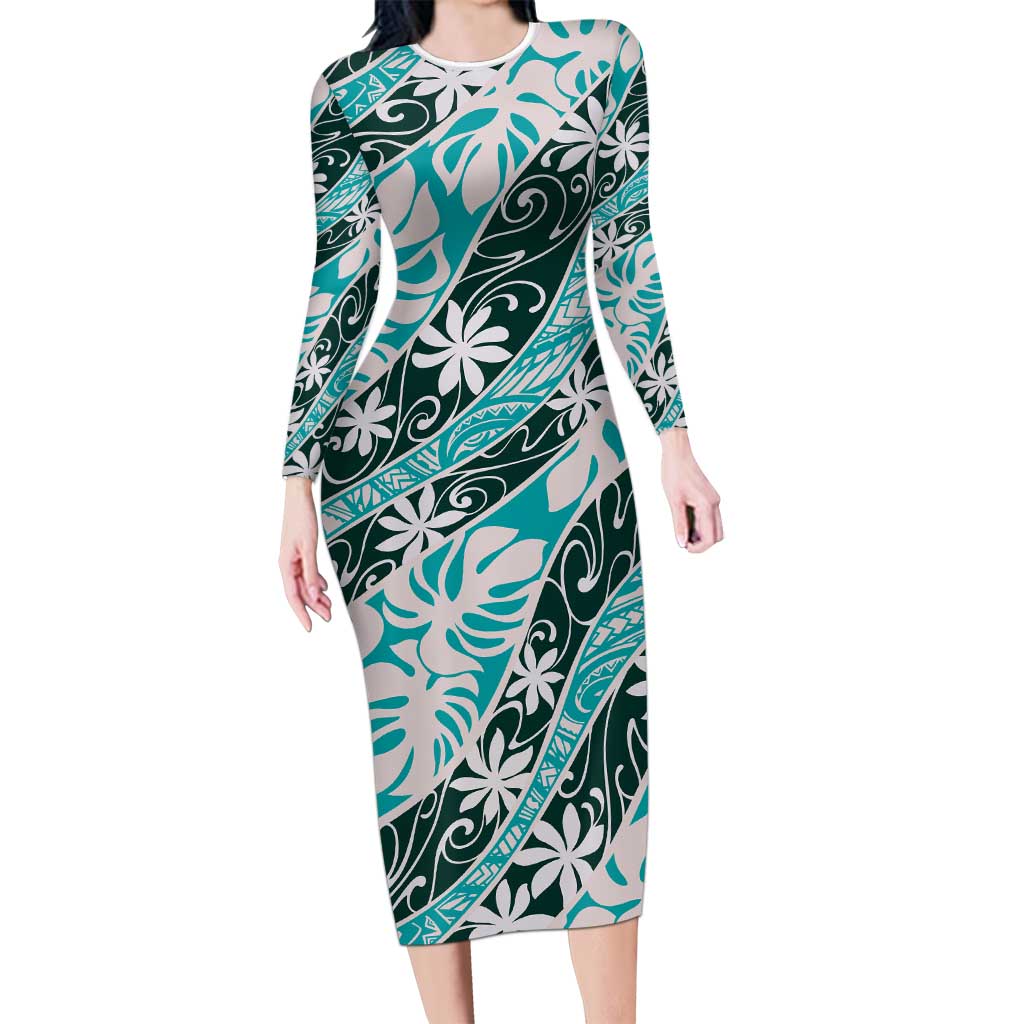 Cyan Tahiti Tiare Monstera Long Sleeve Bodycon Dress Polynesian Pattern Curve Style - Polynesian Pride