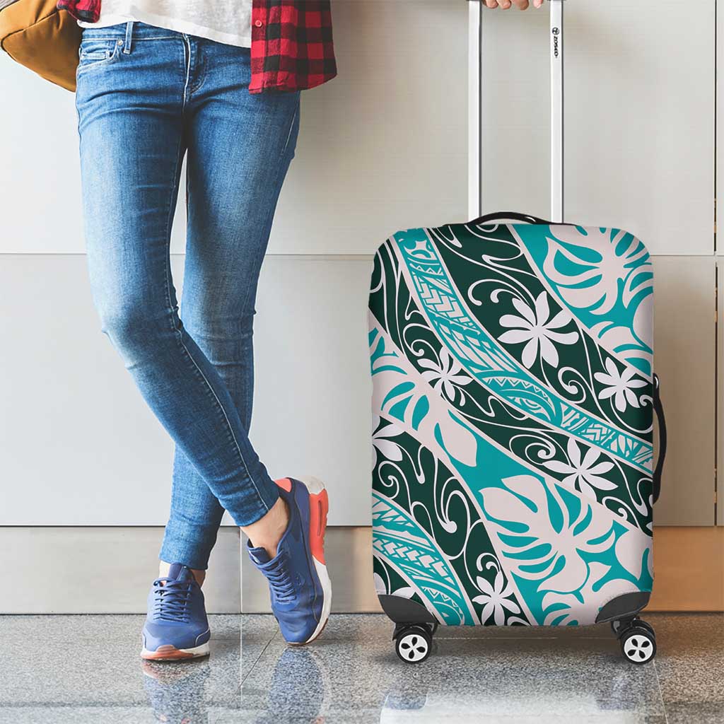 Cyan Tahiti Tiare Monstera Luggage Cover Polynesian Pattern Curve Style - Polynesian Pride