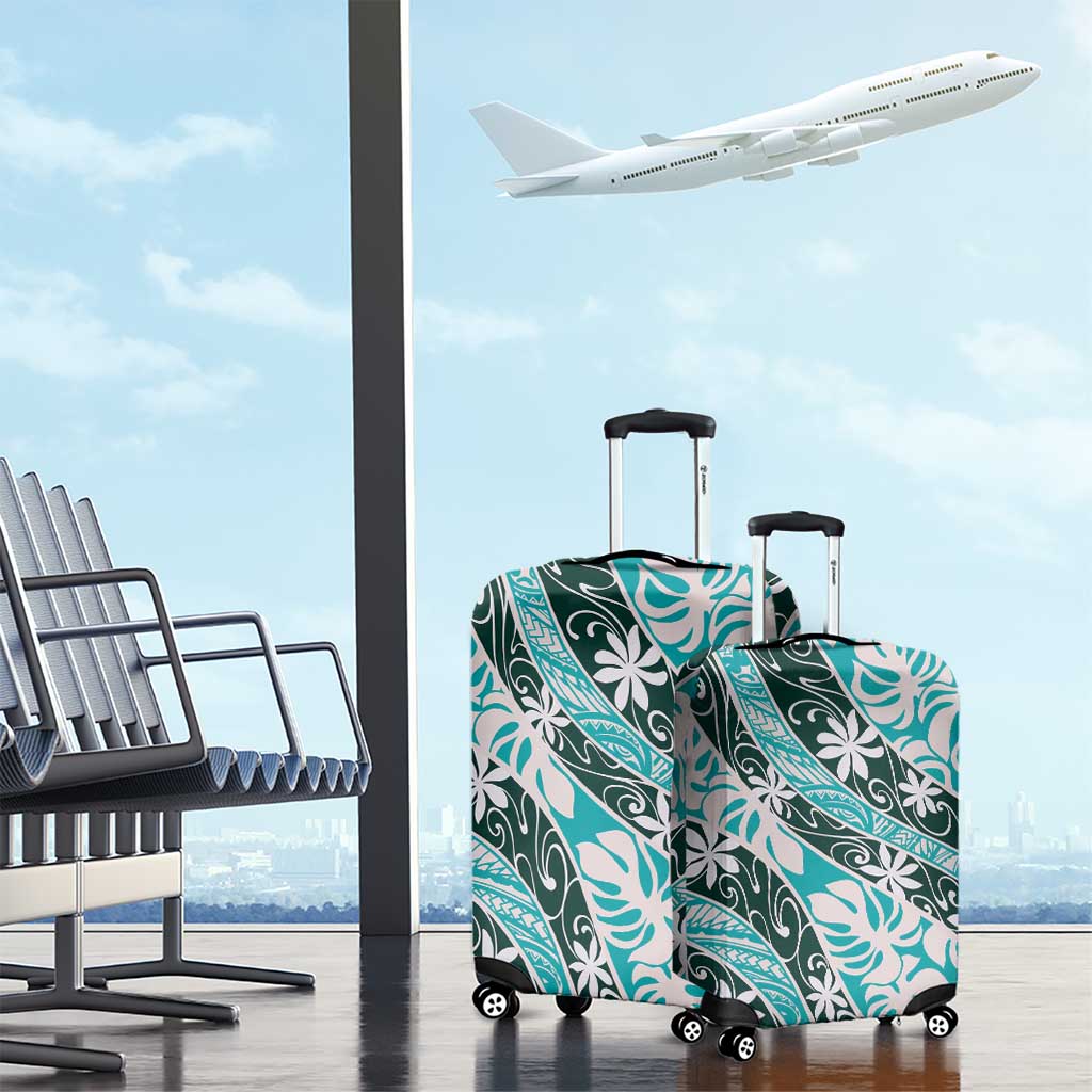 Cyan Tahiti Tiare Monstera Luggage Cover Polynesian Pattern Curve Style - Polynesian Pride