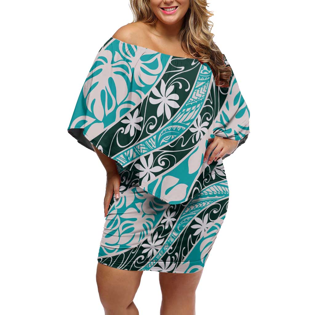 Cyan Tahiti Tiare Monstera Off Shoulder Short Dress Polynesian Pattern Curve Style - Polynesian Pride
