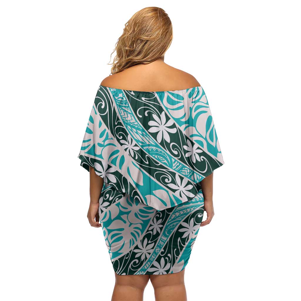 Cyan Tahiti Tiare Monstera Off Shoulder Short Dress Polynesian Pattern Curve Style - Polynesian Pride