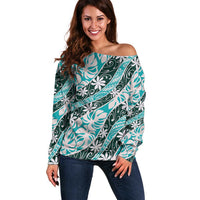 Cyan Tahiti Tiare Monstera Off Shoulder Sweater Polynesian Pattern Curve Style - Polynesian Pride