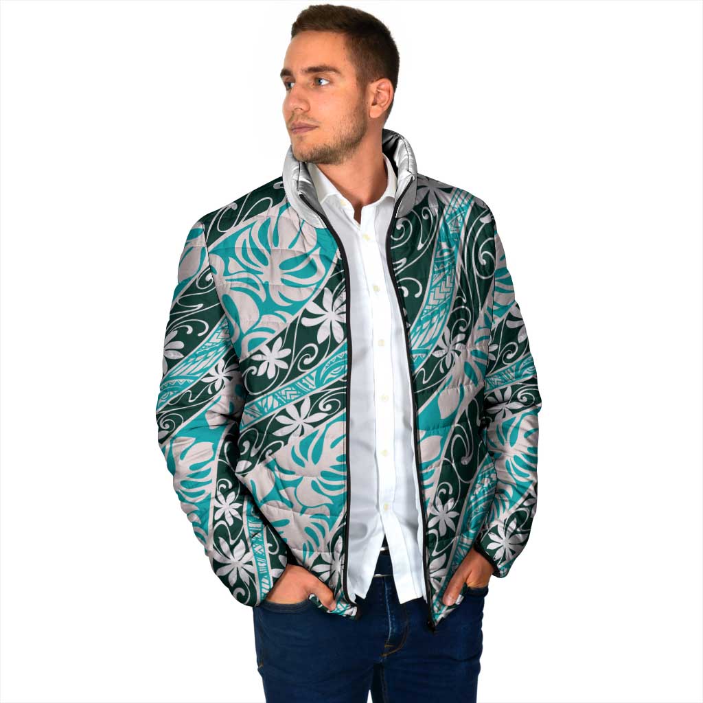 Cyan Tahiti Tiare Monstera Padded Jacket Polynesian Pattern Curve Style - Polynesian Pride