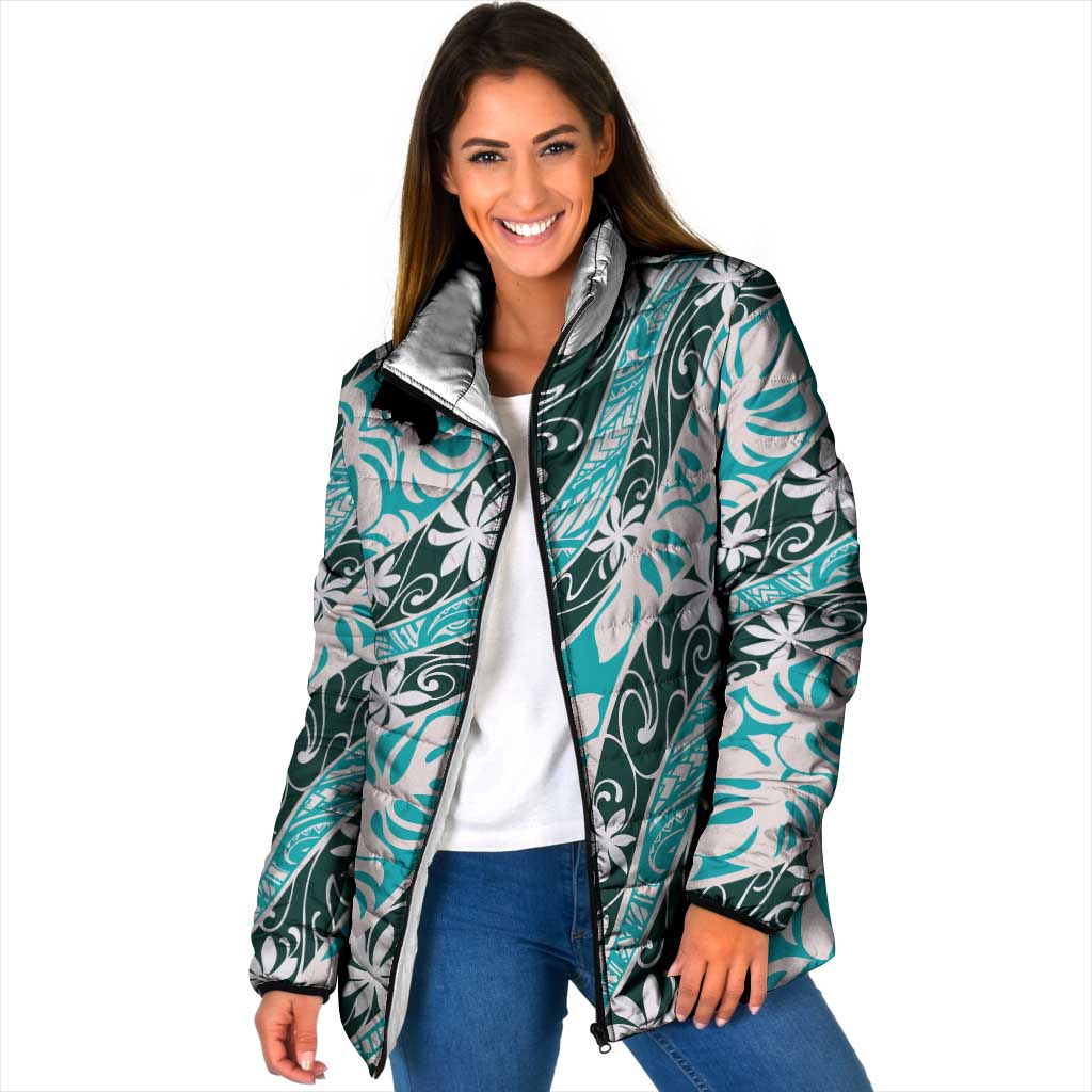 Cyan Tahiti Tiare Monstera Padded Jacket Polynesian Pattern Curve Style - Polynesian Pride