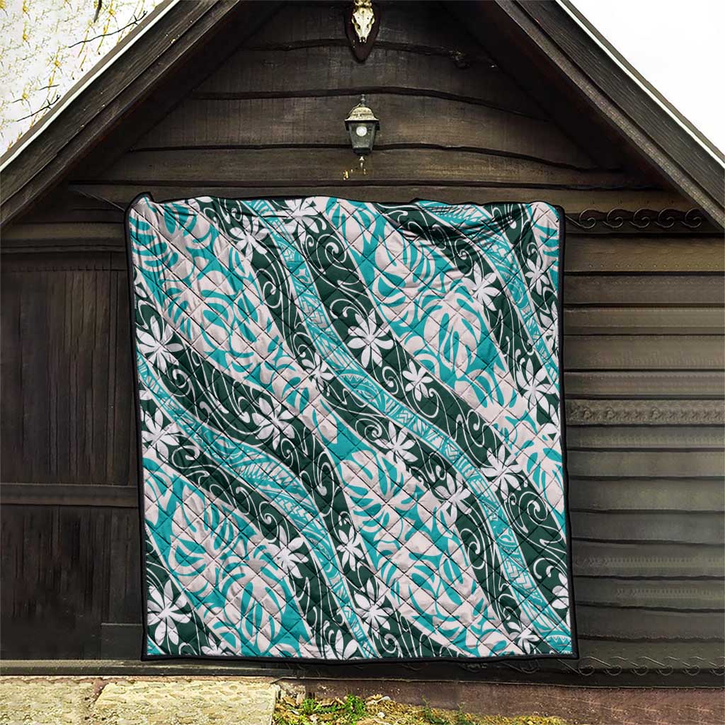Cyan Tahiti Tiare Monstera Quilt Polynesian Pattern Curve Style - Polynesian Pride