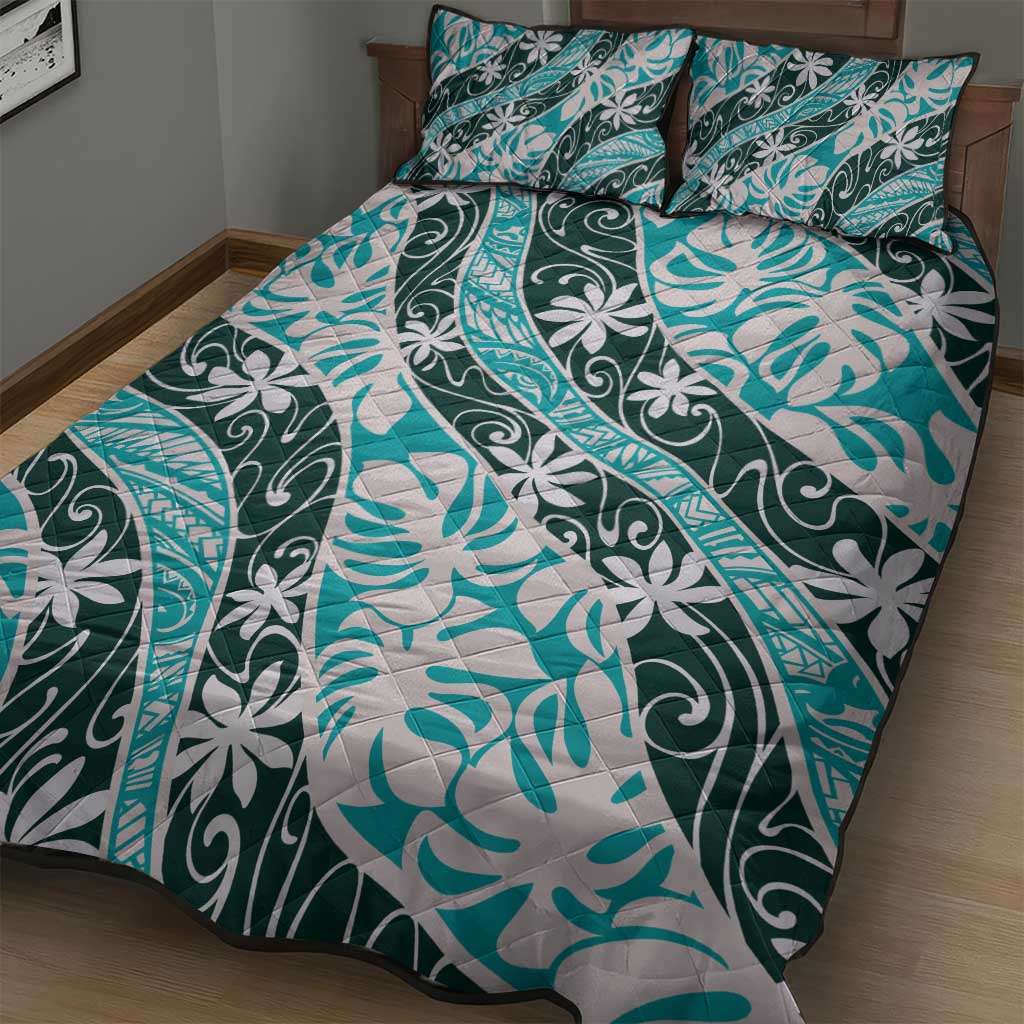 Cyan Tahiti Tiare Monstera Quilt Bed Set Polynesian Pattern Curve Style - Polynesian Pride
