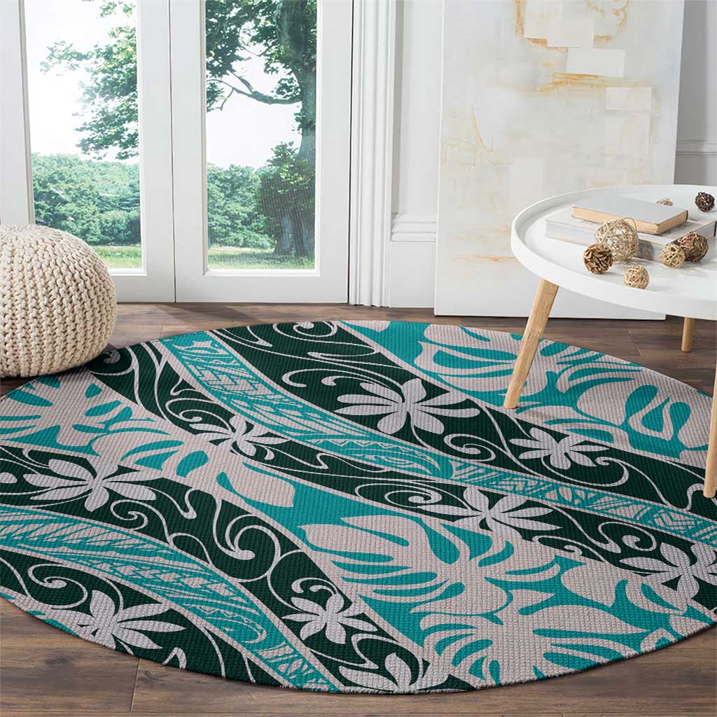 Cyan Tahiti Tiare Monstera Round Carpet Polynesian Pattern Curve Style - Polynesian Pride