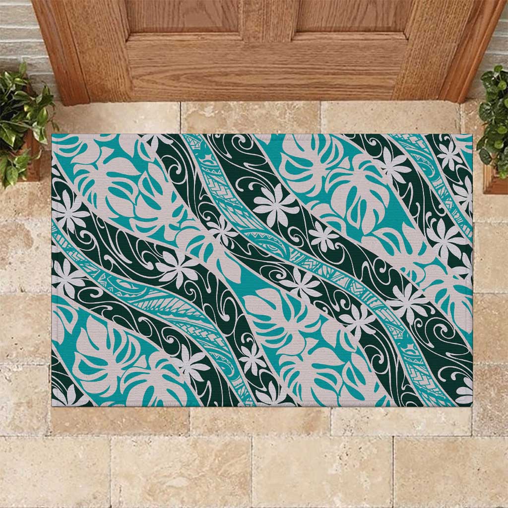 Cyan Tahiti Tiare Monstera Rubber Doormat Polynesian Pattern Curve Style - Polynesian Pride