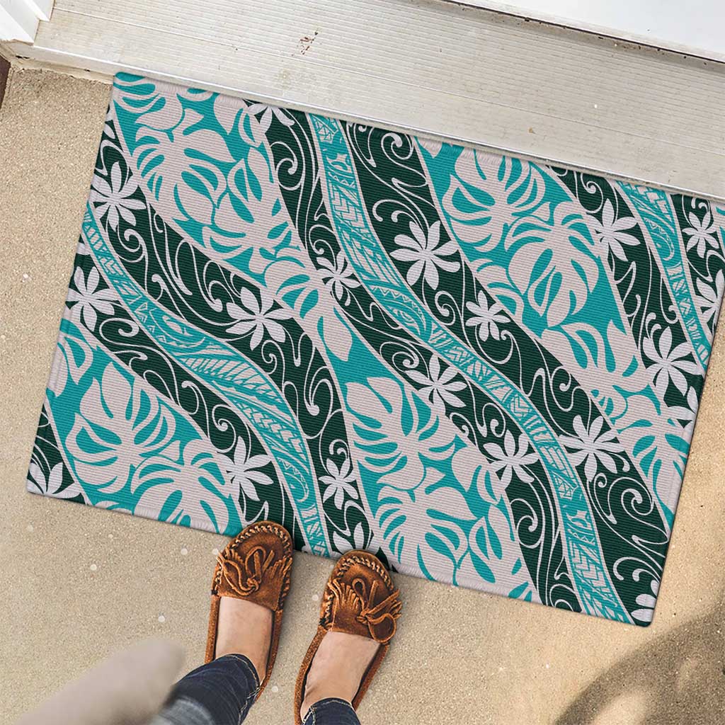 Cyan Tahiti Tiare Monstera Rubber Doormat Polynesian Pattern Curve Style - Polynesian Pride
