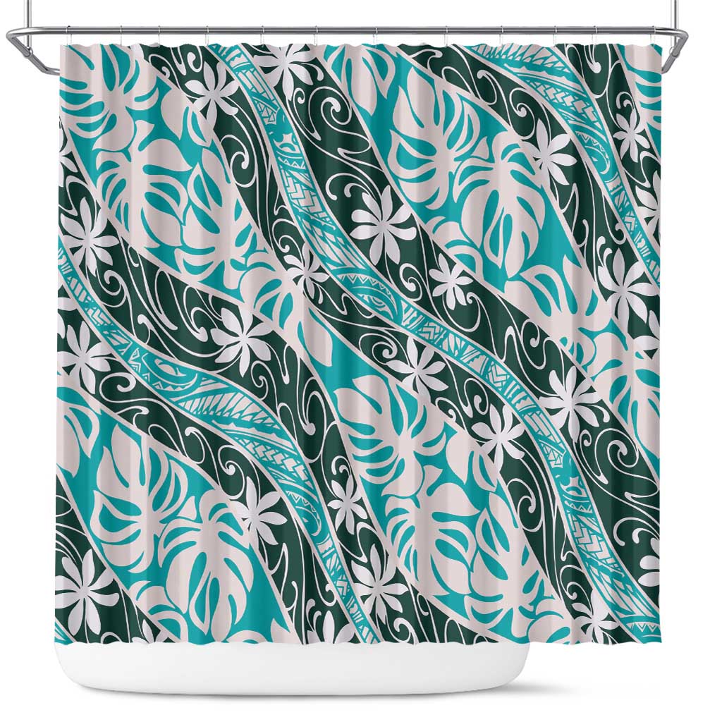 Cyan Tahiti Tiare Monstera Shower Curtain Polynesian Pattern Curve Style - Polynesian Pride