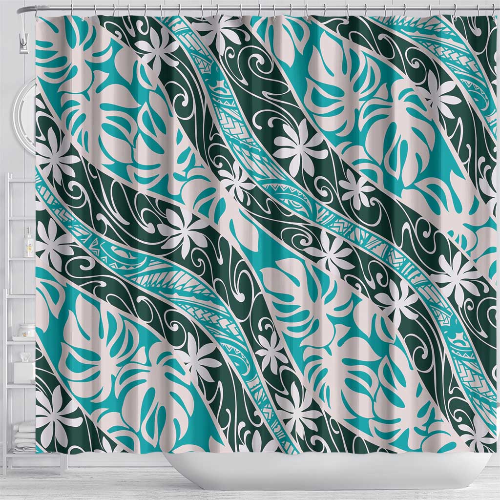 Cyan Tahiti Tiare Monstera Shower Curtain Polynesian Pattern Curve Style - Polynesian Pride