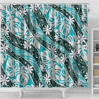 Cyan Tahiti Tiare Monstera Shower Curtain Polynesian Pattern Curve Style - Polynesian Pride