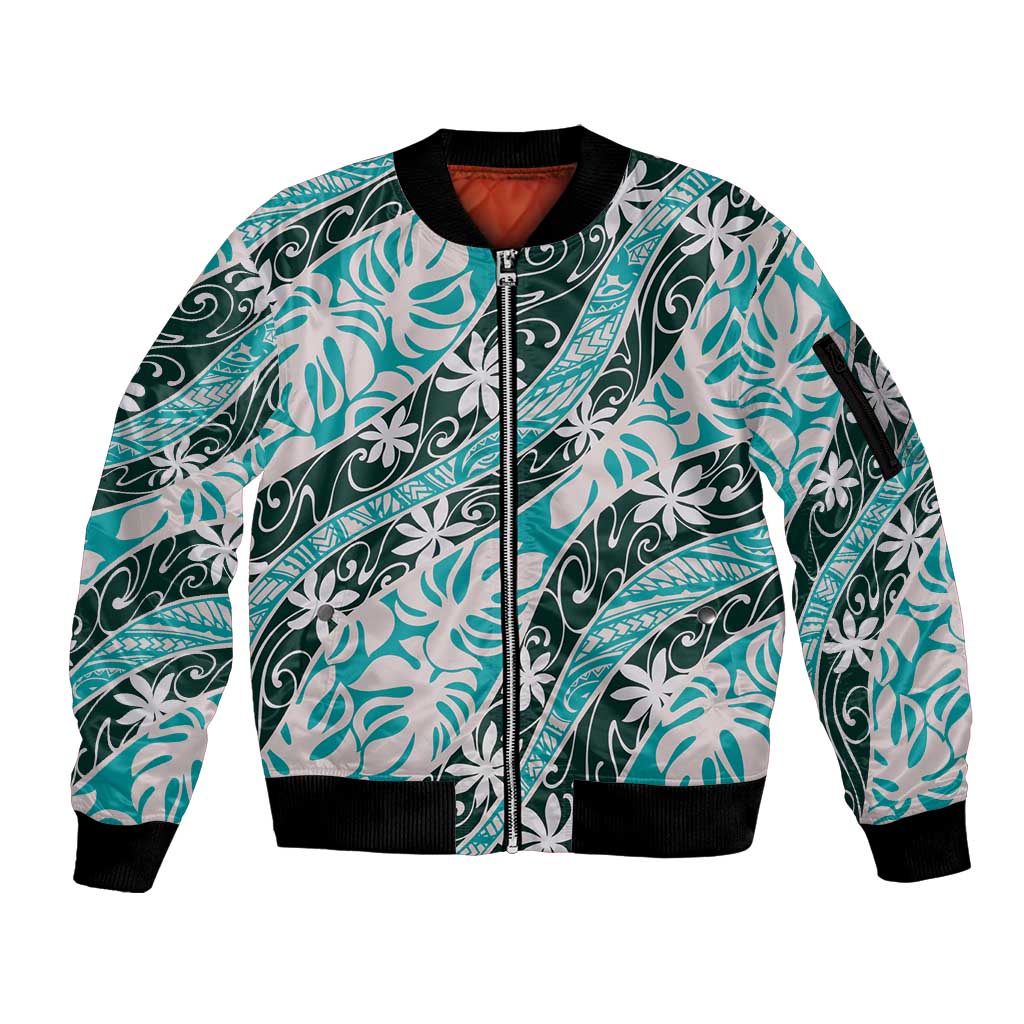 Cyan Tahiti Tiare Monstera Sleeve Zip Bomber Jacket Polynesian Pattern Curve Style - Polynesian Pride