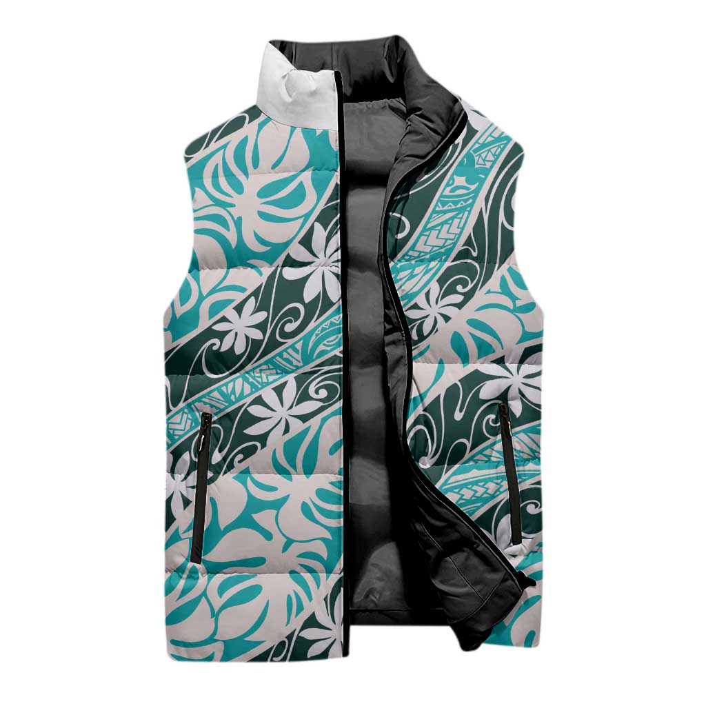 Cyan Tahiti Tiare Monstera Sleeveless Puffer Jacket Polynesian Pattern Curve Style - Polynesian Pride