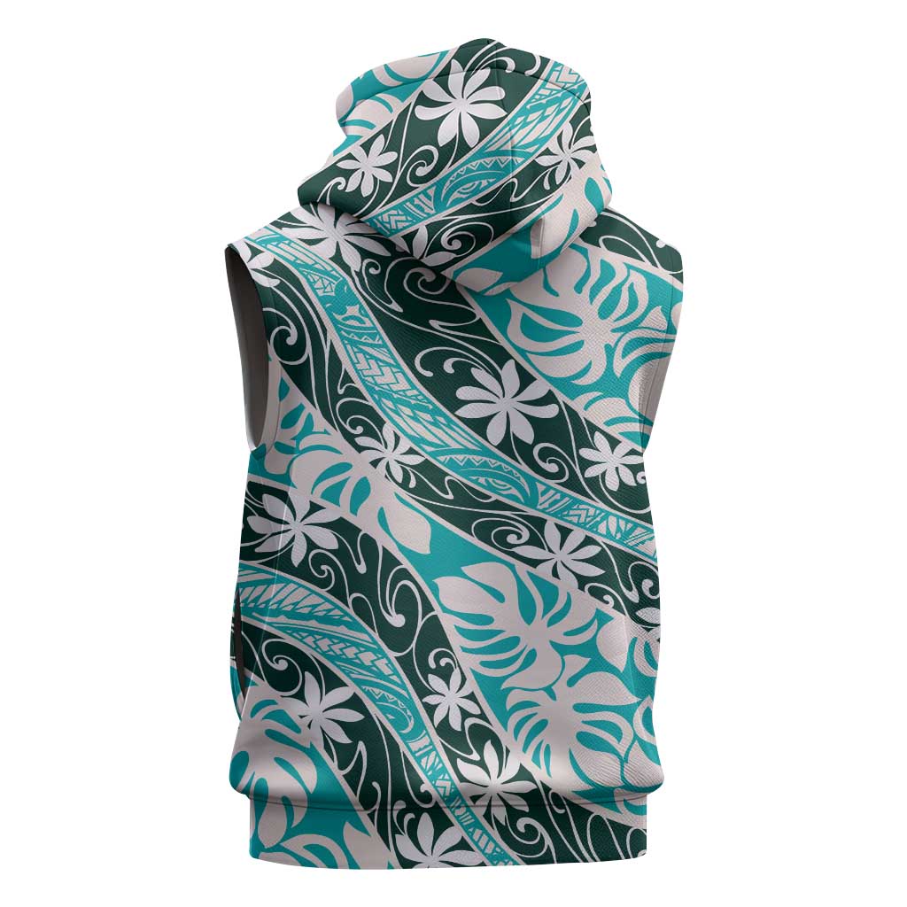 Cyan Tahiti Tiare Monstera Sleeveless Zip Hoodie Polynesian Pattern Curve Style - Polynesian Pride