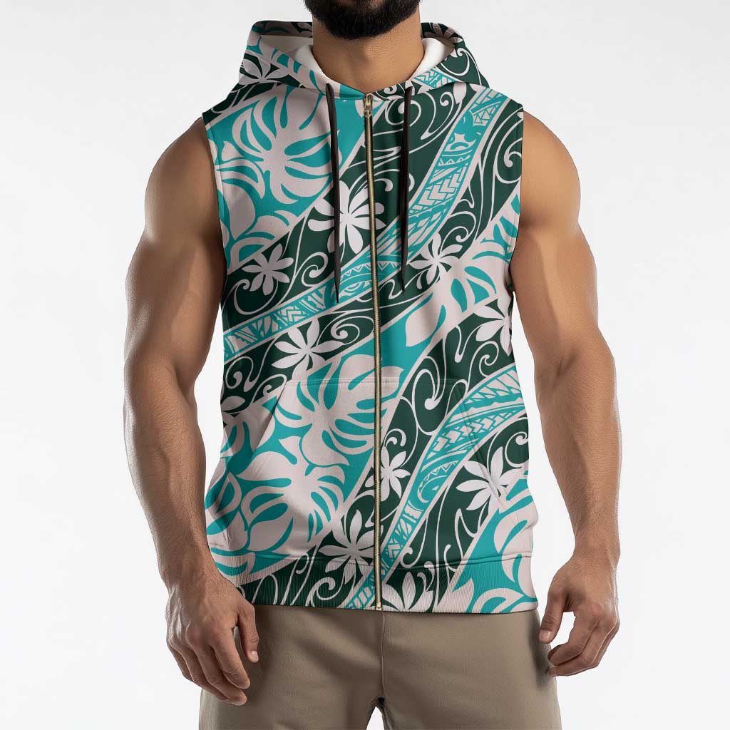 Cyan Tahiti Tiare Monstera Sleeveless Zip Hoodie Polynesian Pattern Curve Style - Polynesian Pride