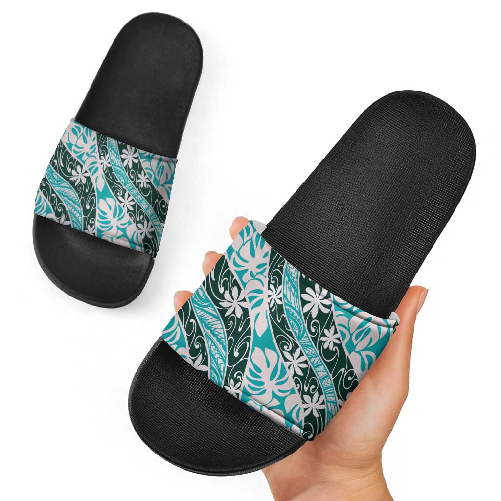 Cyan Tahiti Tiare Monstera Slide Sandals Polynesian Pattern Curve Style - Polynesian Pride