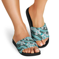 Cyan Tahiti Tiare Monstera Slide Sandals Polynesian Pattern Curve Style - Polynesian Pride