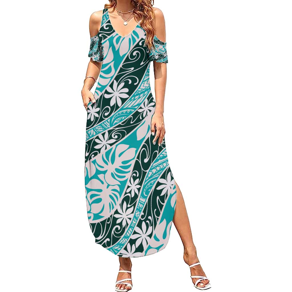 Cyan Tahiti Tiare Monstera Summer Maxi Dress Polynesian Pattern Curve Style - Polynesian Pride