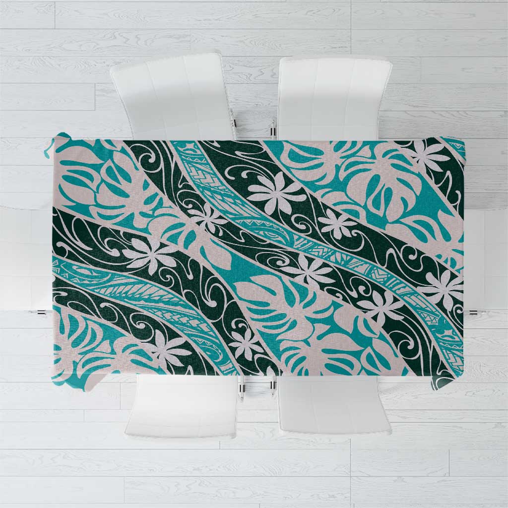 Cyan Tahiti Tiare Monstera Tablecloth Polynesian Pattern Curve Style - Polynesian Pride