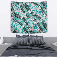 Cyan Tahiti Tiare Monstera Tapestry Polynesian Pattern Curve Style - Polynesian Pride