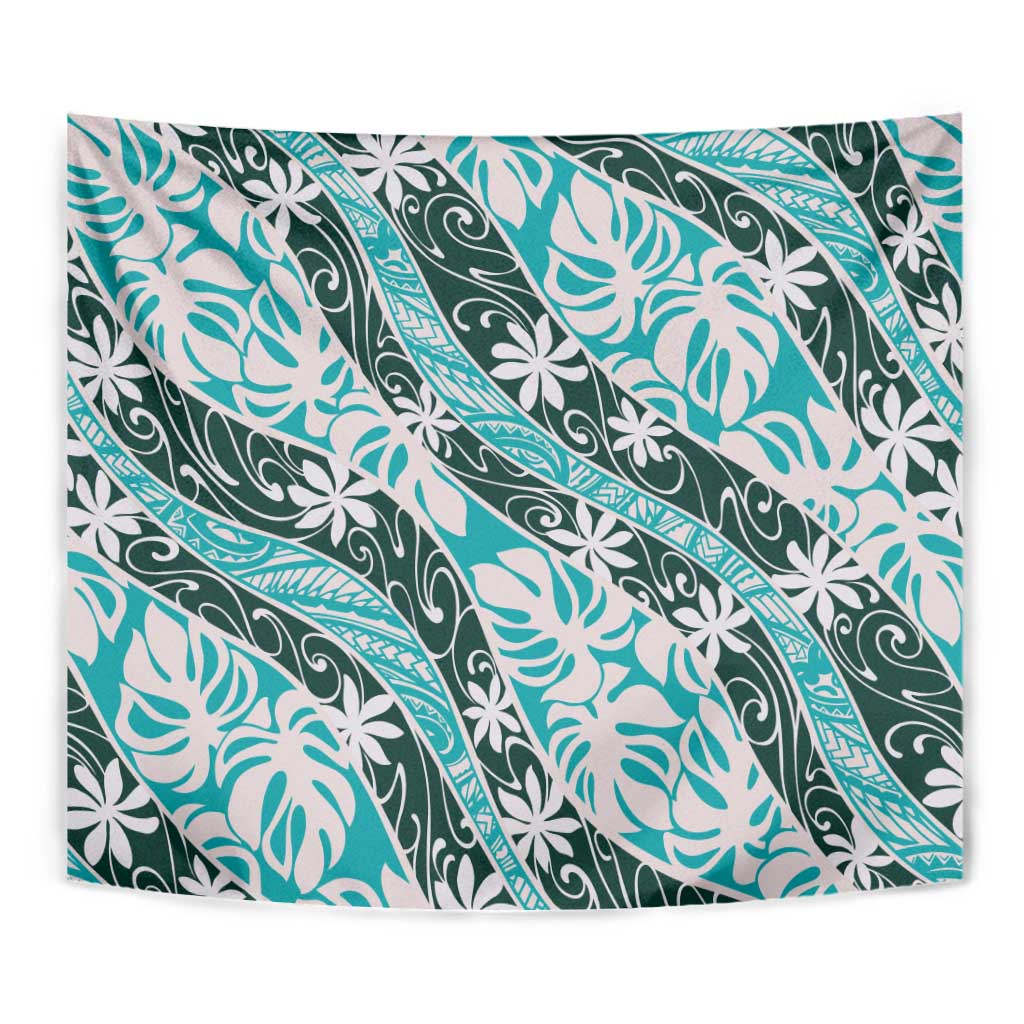 Cyan Tahiti Tiare Monstera Tapestry Polynesian Pattern Curve Style - Polynesian Pride